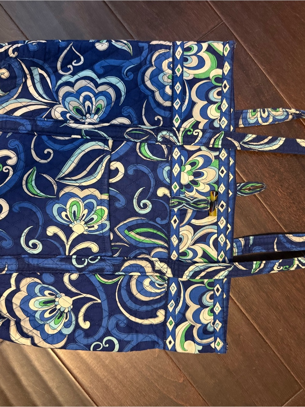 Vera Bradley Navy Blue Floral Quilted Tote with Green & Cream Accents